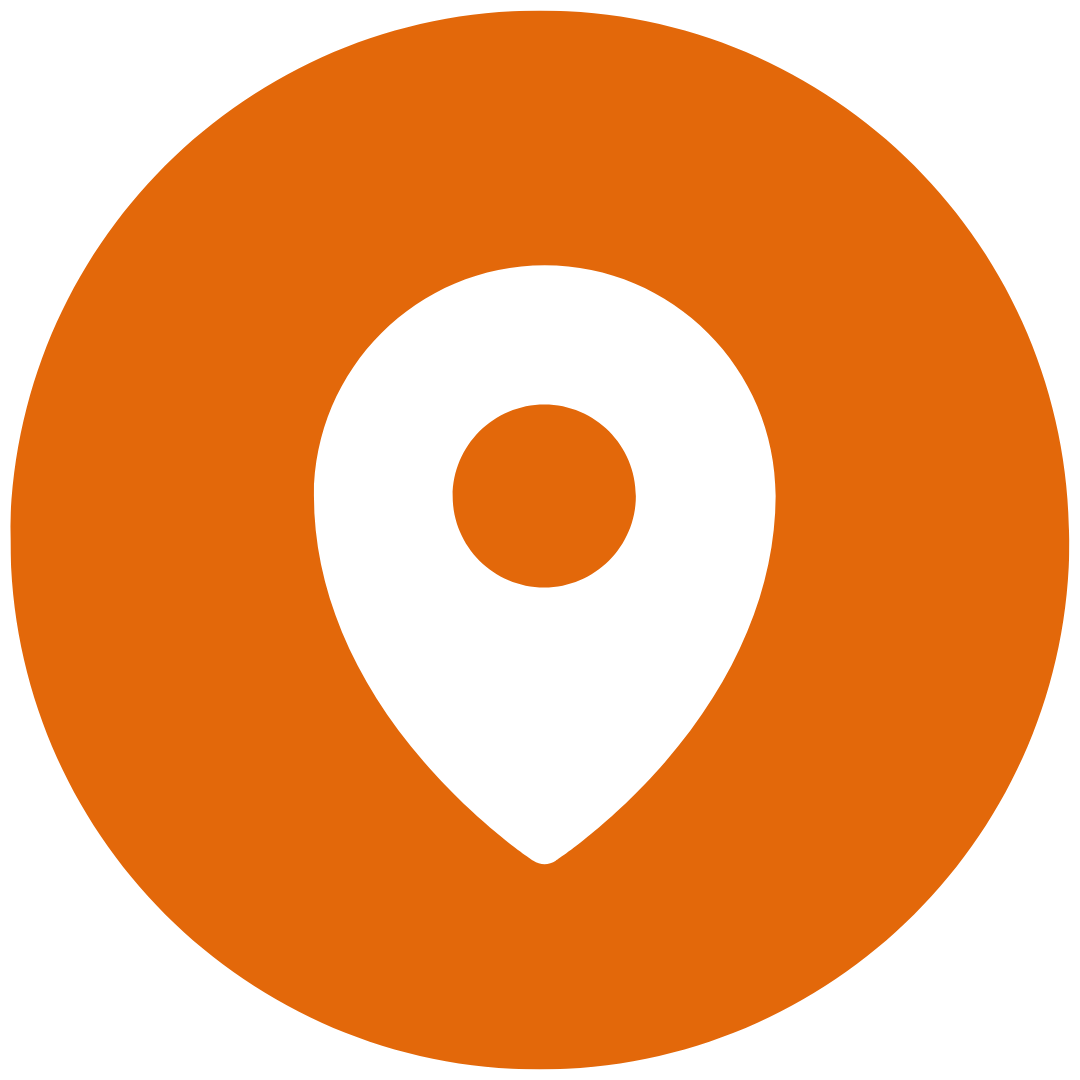 Orange map pin icon inside a white circle on an orange background