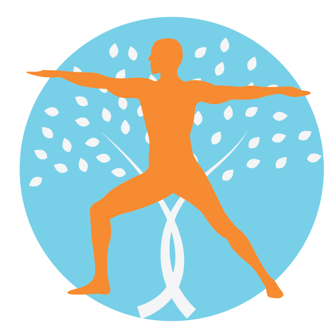Orange yoga figure in warrior pose on a blue circle with white leaf-like shapes and a white ribbon symbol at the base