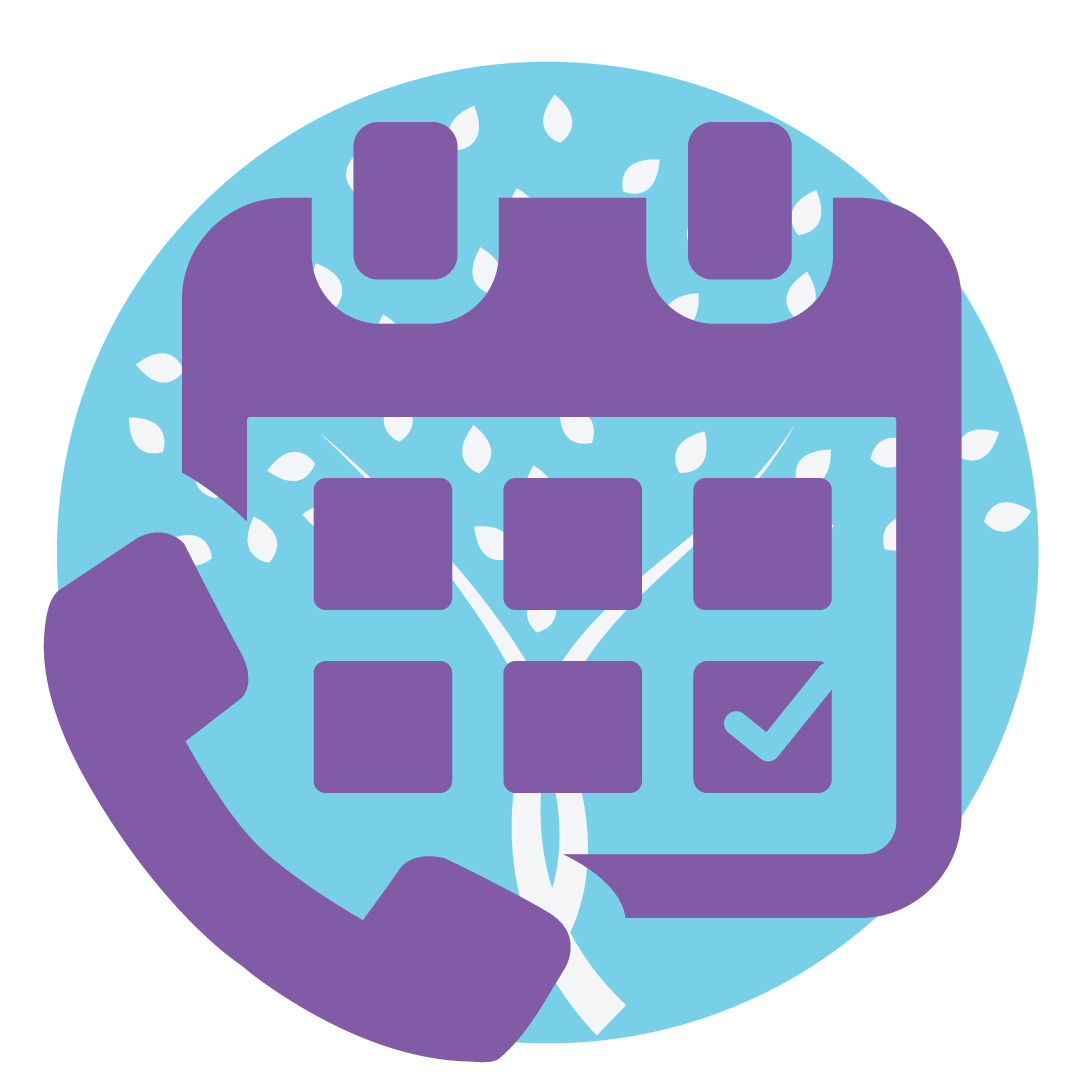 Purple calendar with phone icon on blue circle background, suggesting scheduling or appointment booking