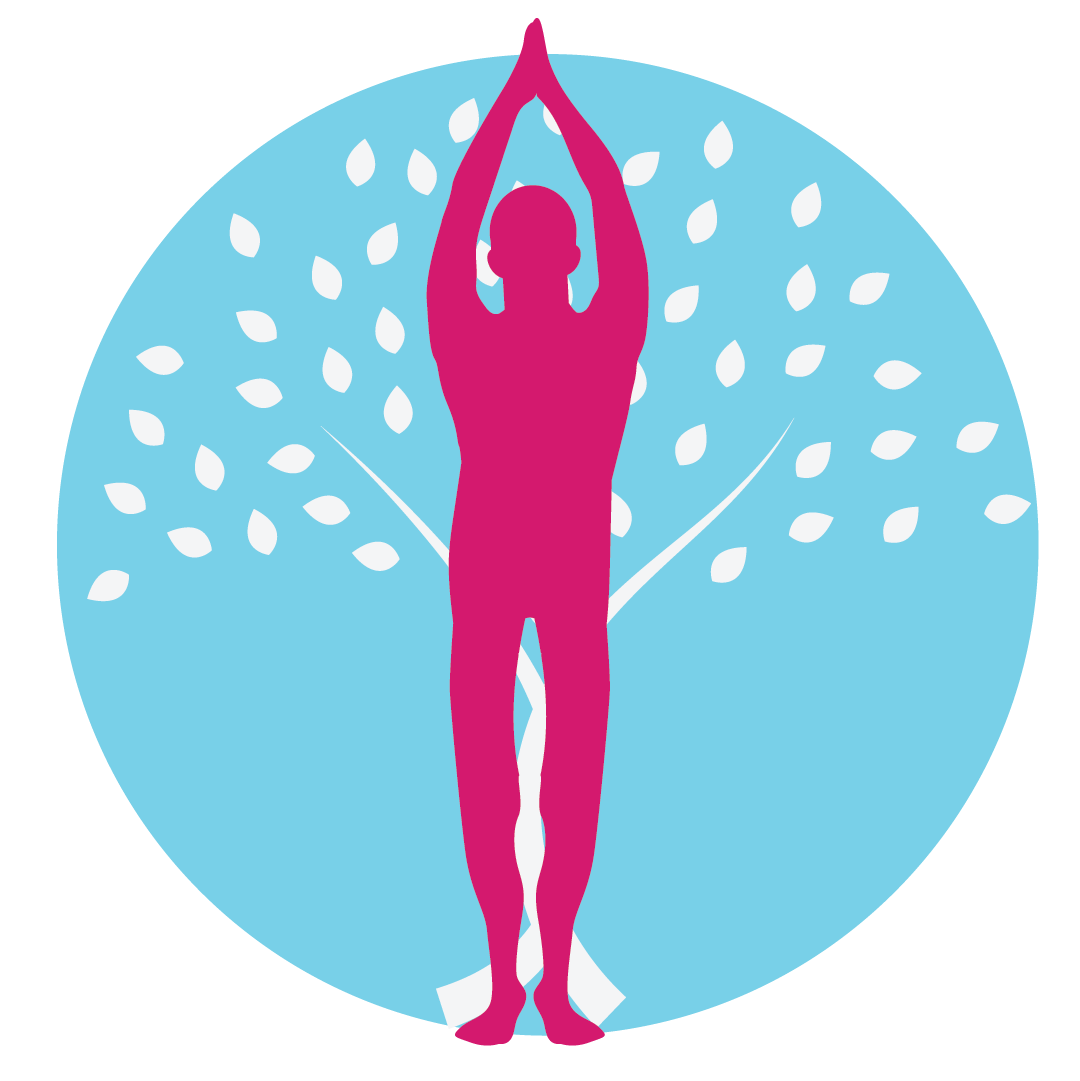 Pink yoga silhouette with raised arms in front of a light blue circle and white leaf pattern