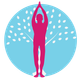Pink yoga silhouette with raised arms in front of a light blue circle and white leaf pattern