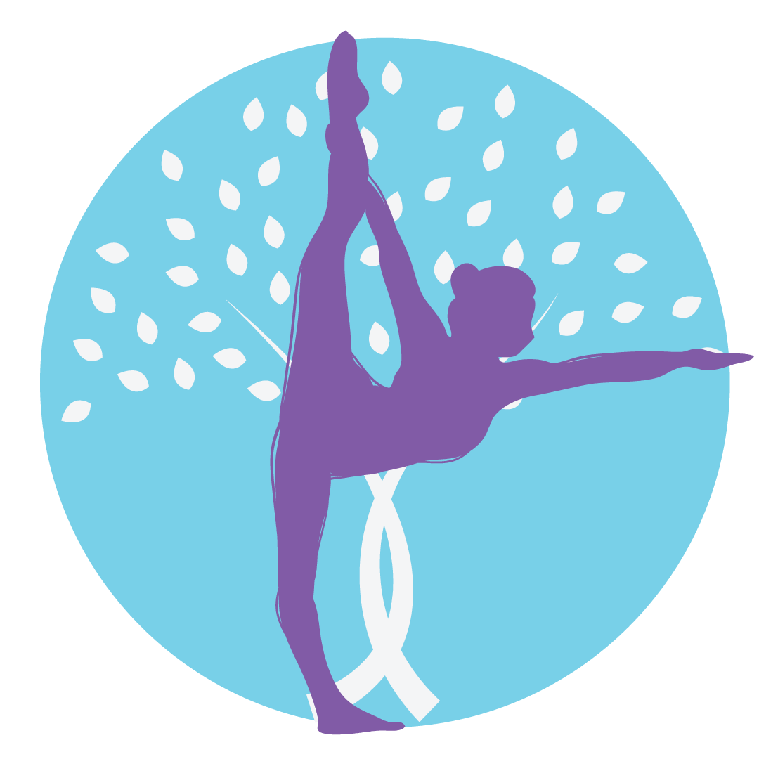 Purple dancer silhouette in a standing split pose on a blue circle with white leaf-like accents