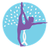 Purple dancer silhouette in a standing split pose on a blue circle with white leaf-like accents