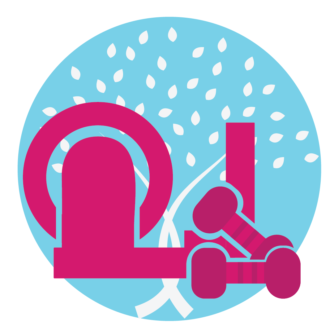 Magenta zodiac Aquarius symbol over a light blue circular background with white raindrop-like dots