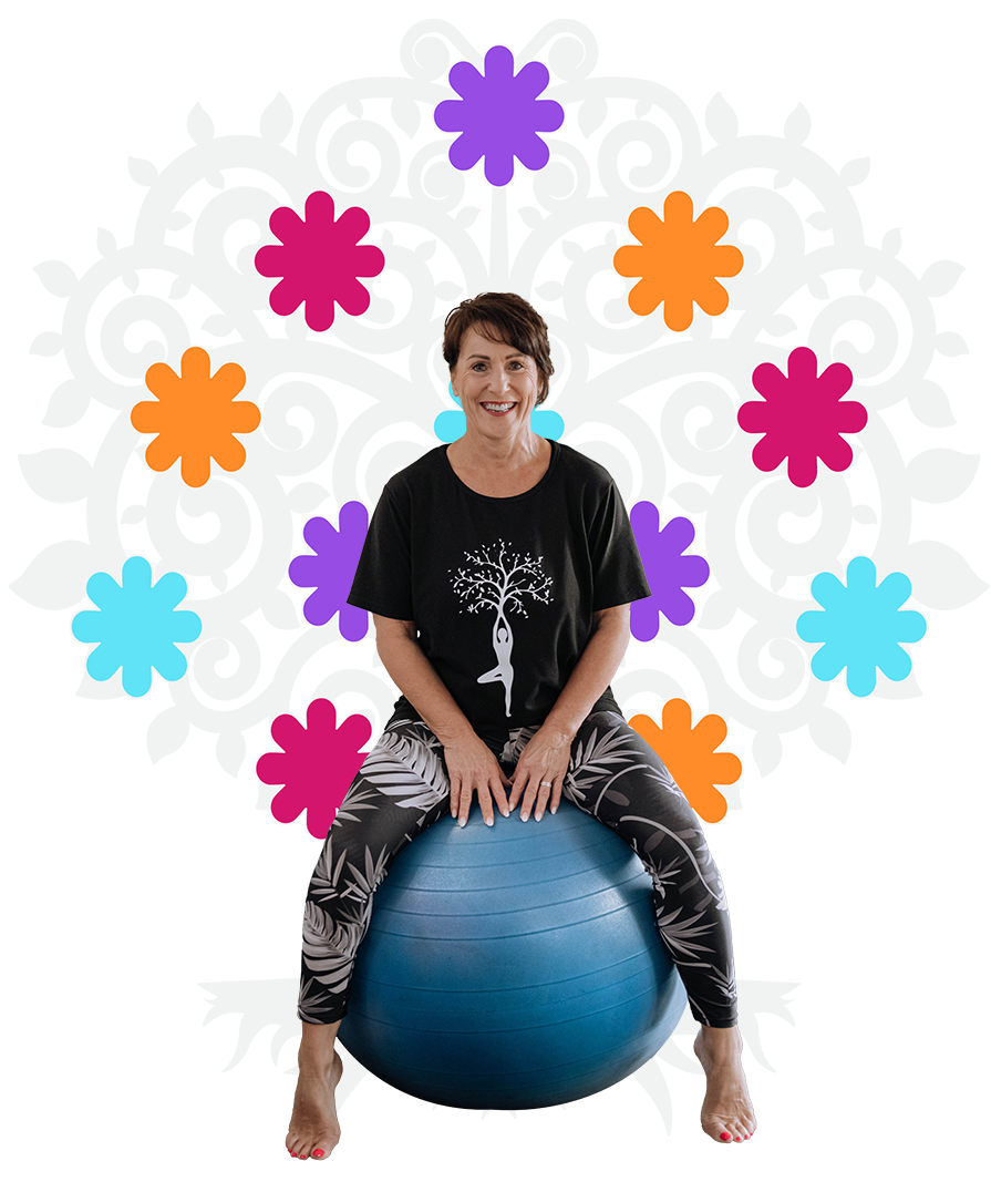 Person sitting on a blue exercise ball, surrounded by colorful flower shapes on a white background