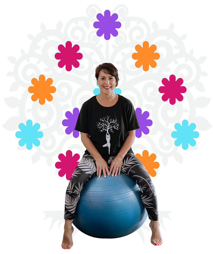 Person sitting on a blue exercise ball, surrounded by colorful flower shapes on a white background