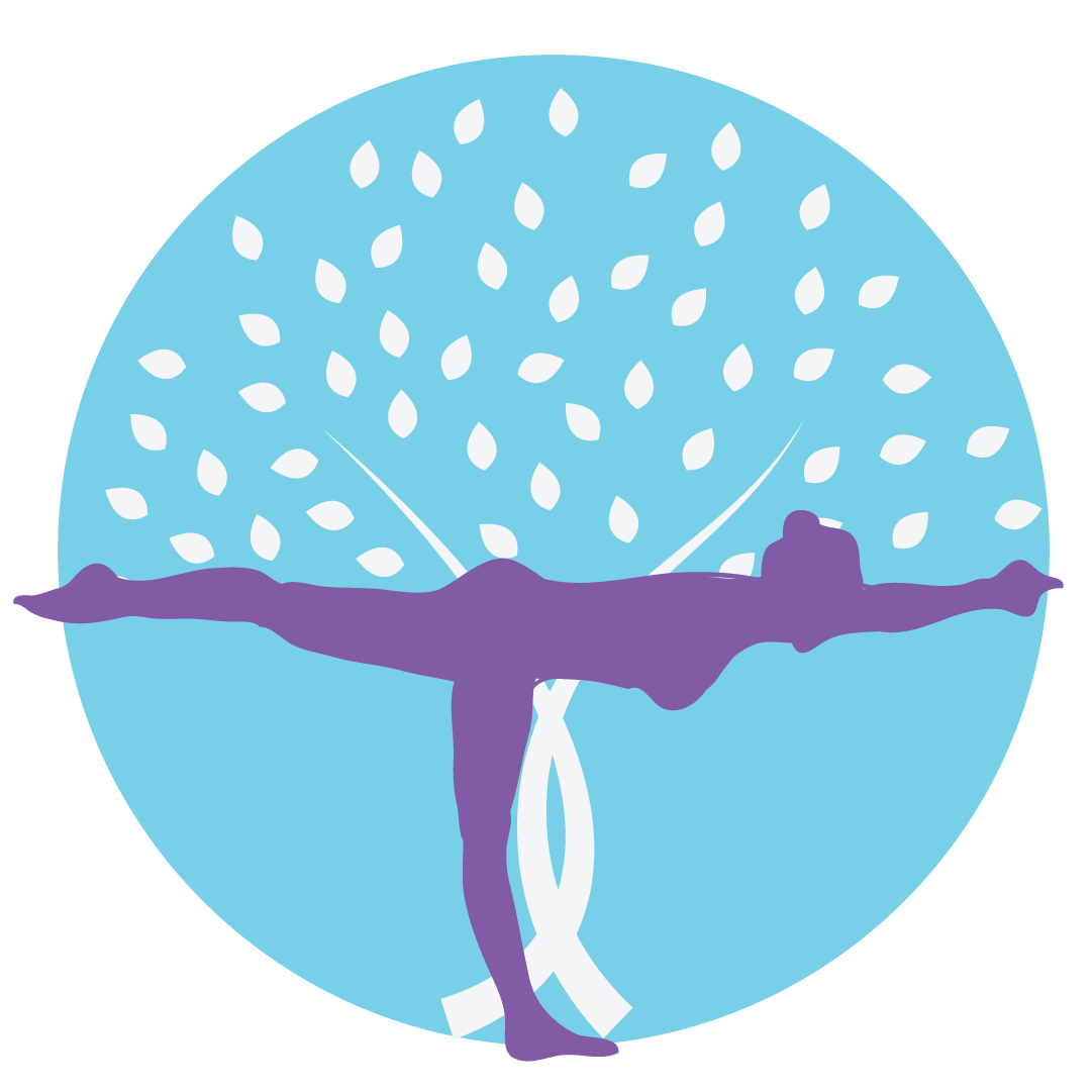 Purple dancer silhouette on a blue circle with white leaf-like petals and a white ribbon below