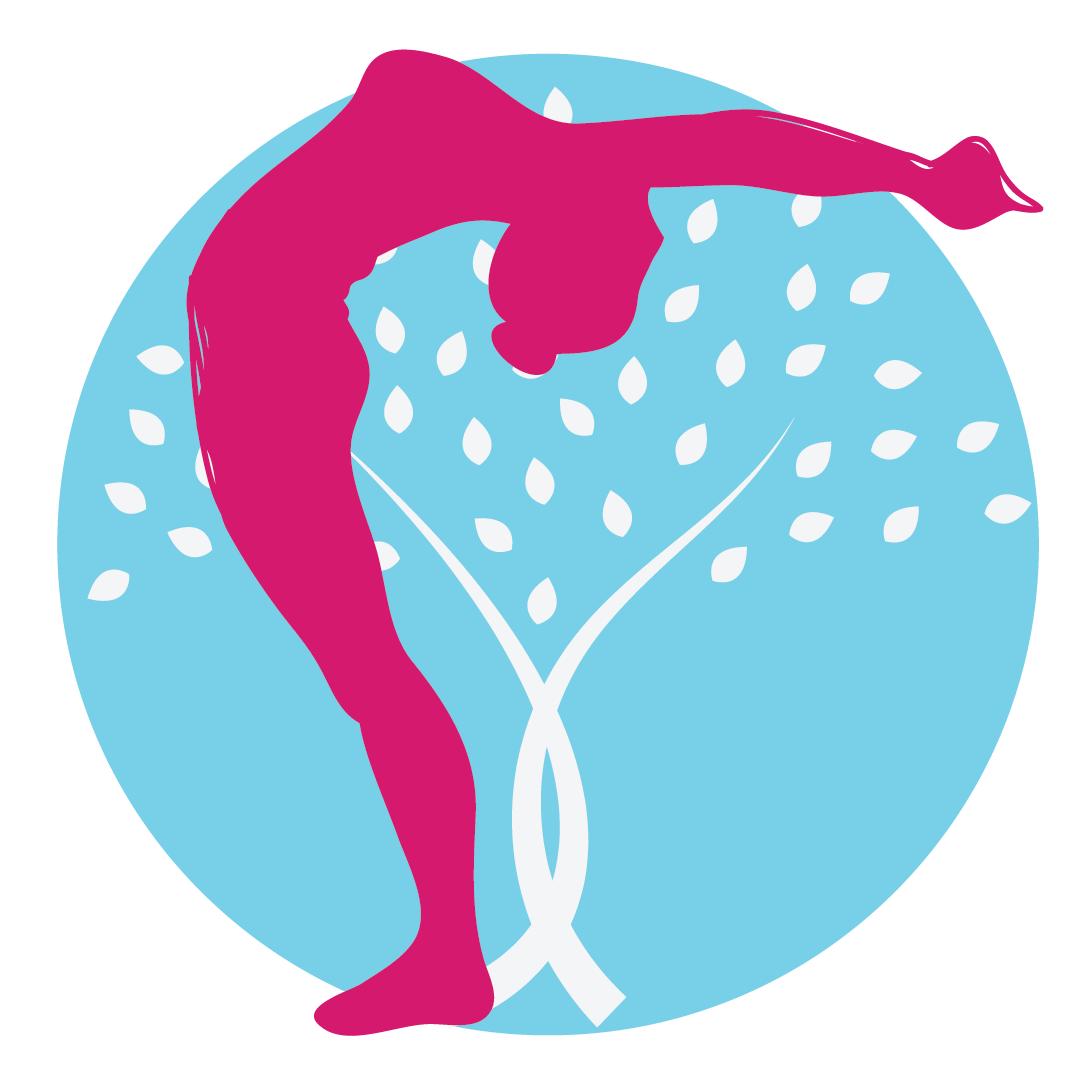 Pink dancer silhouette in a standing backbend over a blue circle with white tree branches