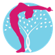 Pink dancer silhouette in a standing backbend over a blue circle with white tree branches