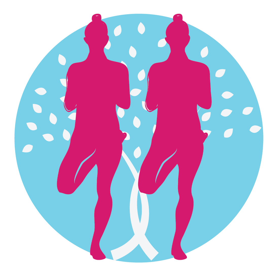 Two pink running silhouettes on a blue circle with white ribbon and petal-like shapes