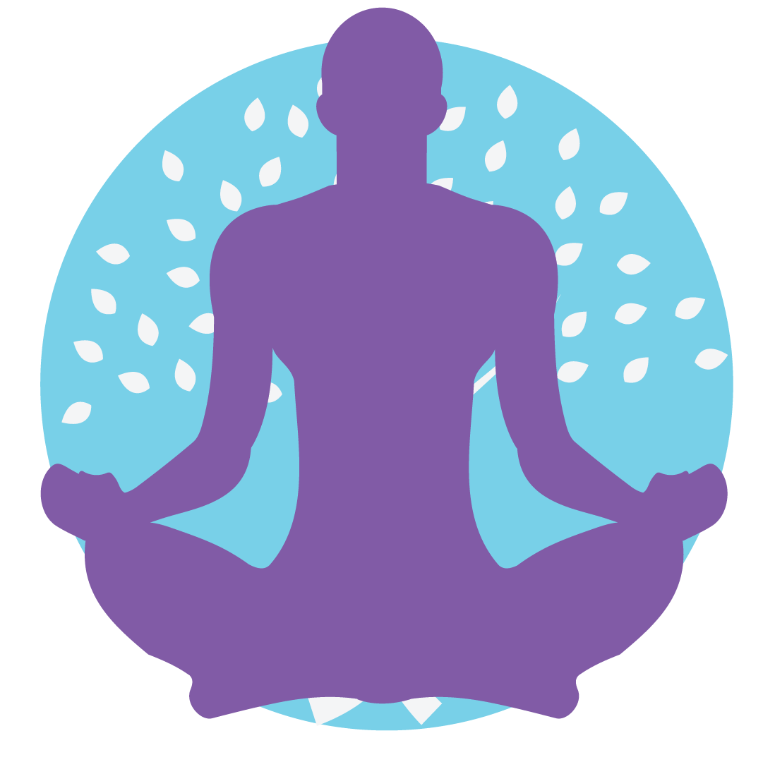 Purple silhouette meditating in lotus pose on a light blue circle with white leaf-like accents