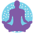 Purple silhouette meditating in lotus pose on a light blue circle with white leaf-like accents