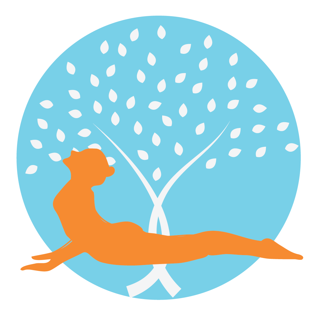 Orange yoga pose silhouette before a white tree inside a blue circle