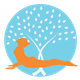 Orange yoga pose silhouette before a white tree inside a blue circle
