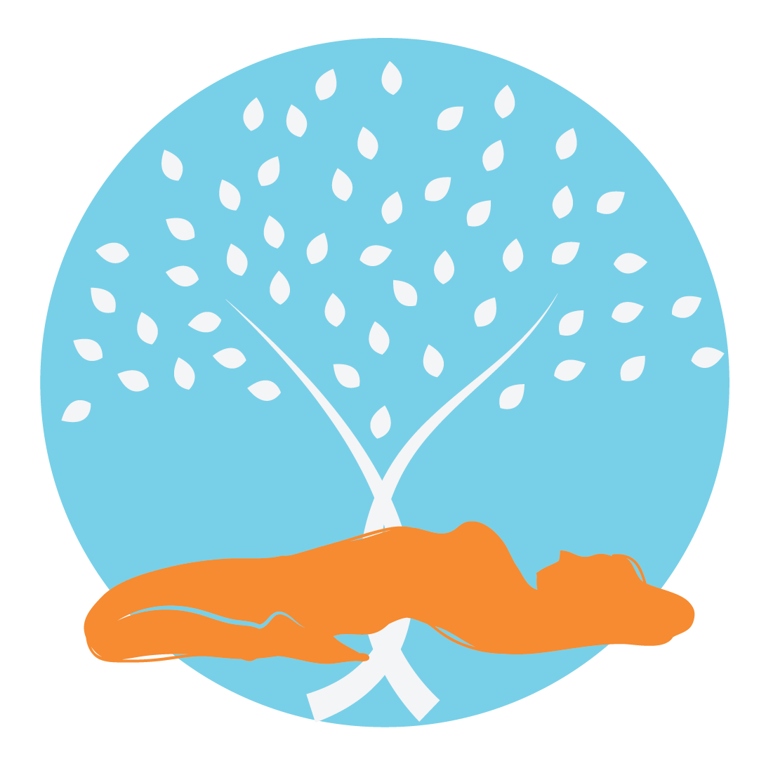 Orange fox curled under a white tree with falling leaves on a light blue circle background