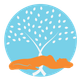 Orange fox curled under a white tree with falling leaves on a light blue circle background