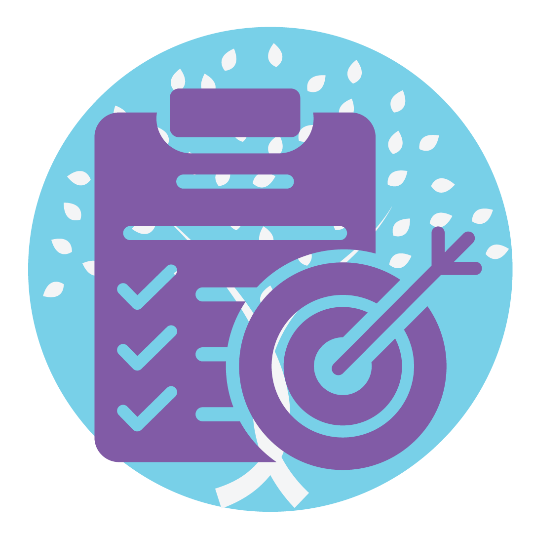 Purple checklist clipboard with a target icon on a blue circle background