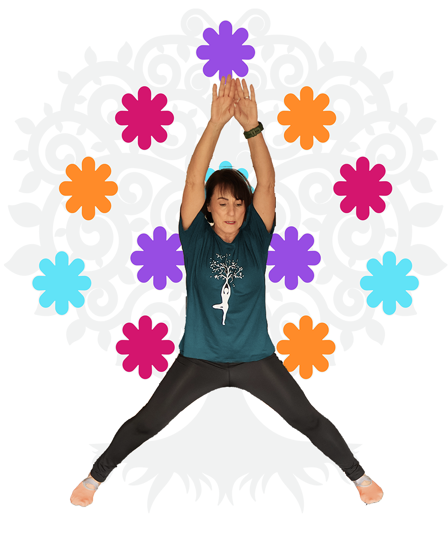 Person jumping with arms overhead and legs outstretched, surrounded by colorful flower shapes on a white background