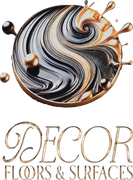 Logo: Swirling black, gold, and silver abstract design, with "DECOR FLOORS & SURFACES" text below.