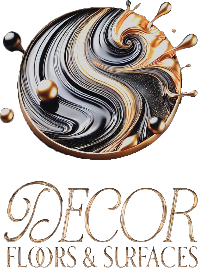 Logo: Swirling black, gold, and silver abstract design, with "DECOR FLOORS & SURFACES" text below.