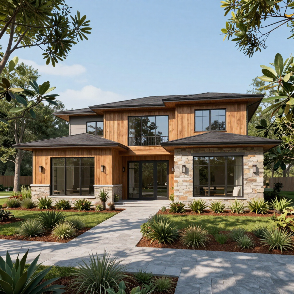 Modern two-story house with wood and stone exterior, front walkway, and landscaped garden under a blue sky