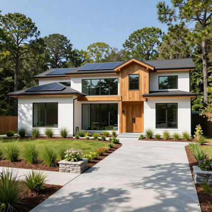Modern two-story white house with wood accents, solar panels, and a landscaped front yard on a sunny day