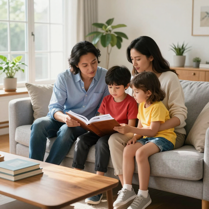 Two adults and two children sit on a couch, reading a book together in a bright living room.