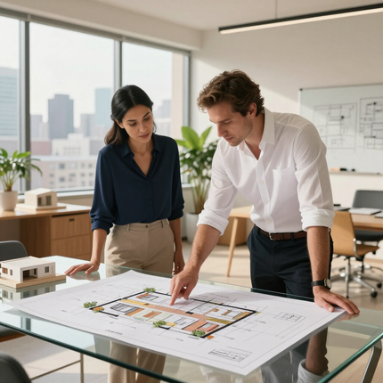 Two colleagues reviewing a large design blueprint in a bright office with city views