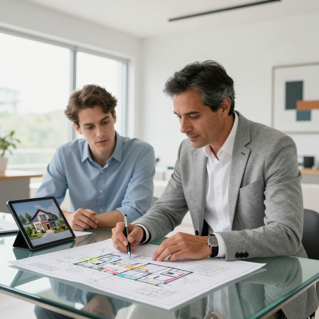 Two colleagues review a color-coded floor plan at a glass table with a tablet in a bright office.
