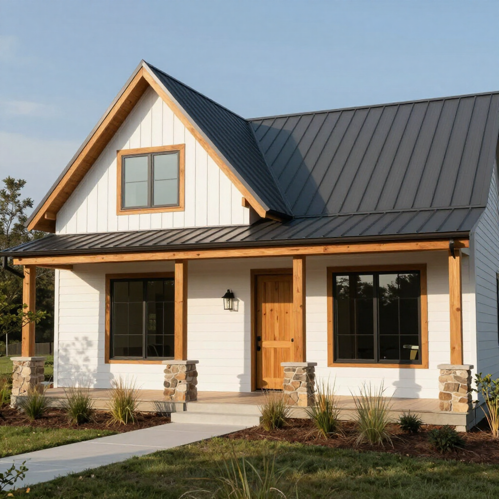 Modern white house with black metal roof, wood porch, and stone columns in a landscaped yard