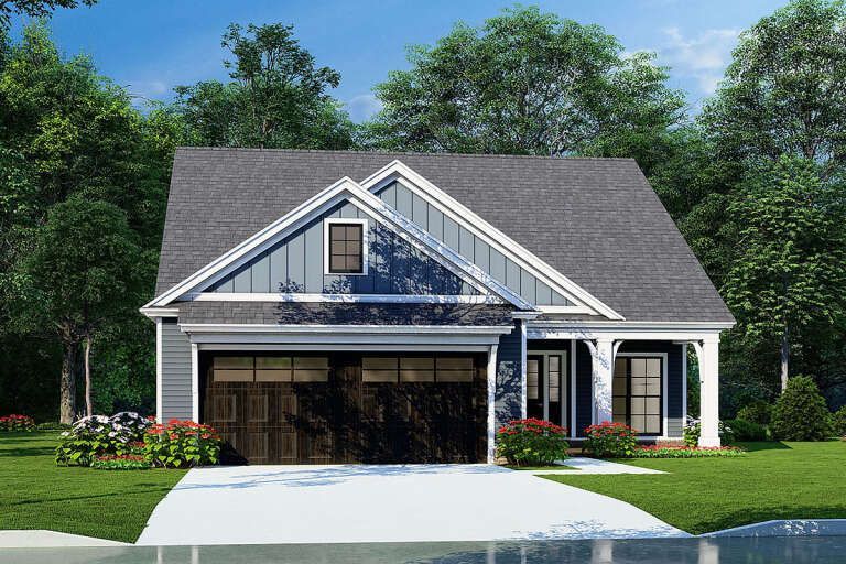 Two-story suburban house with gray roof, white trim, blue gable, and two-car garage fronted by a driveway and lawn