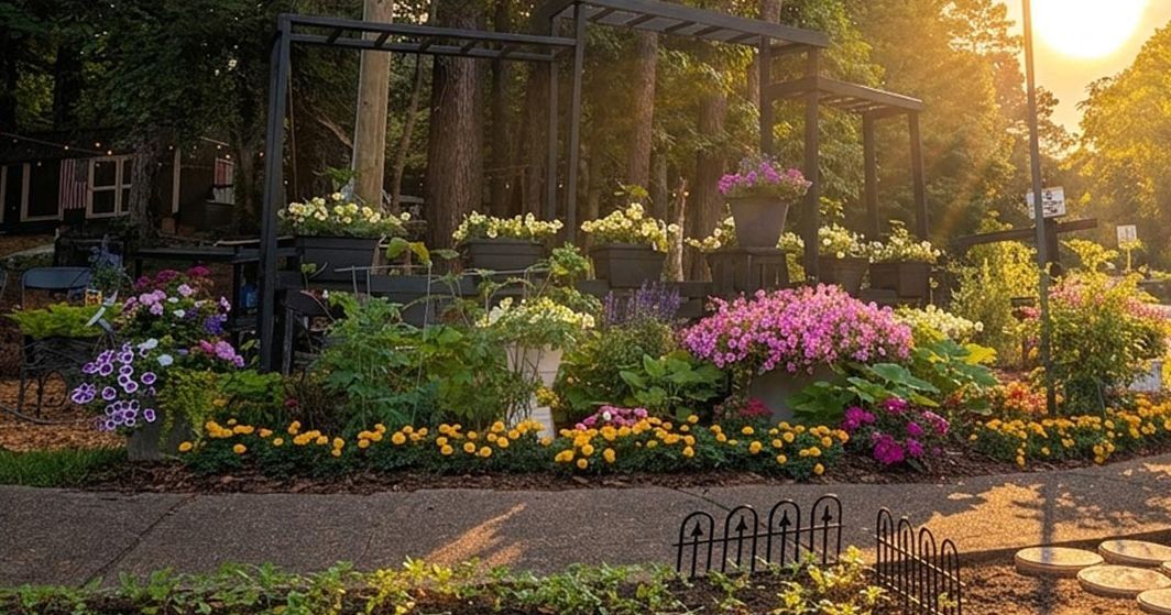 Sunlit garden path with blooming pink and purple flowers and trees at sunset