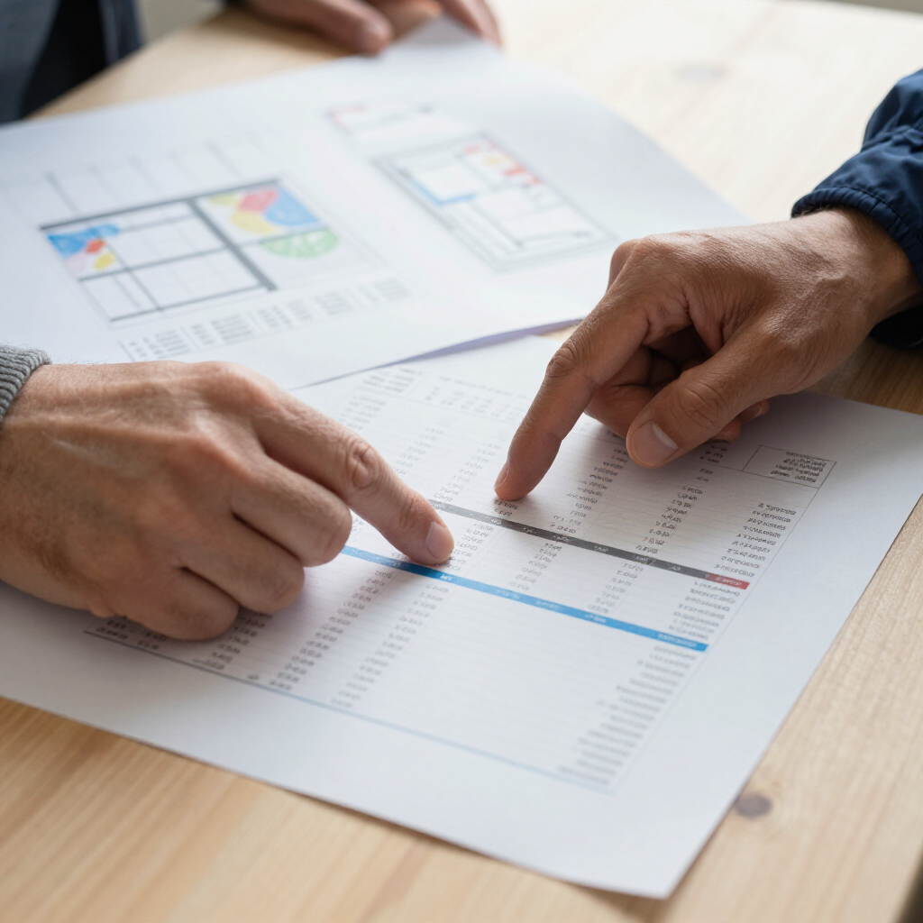 Two hands pointing at a printed chart and spreadsheet on a desk during a meeting