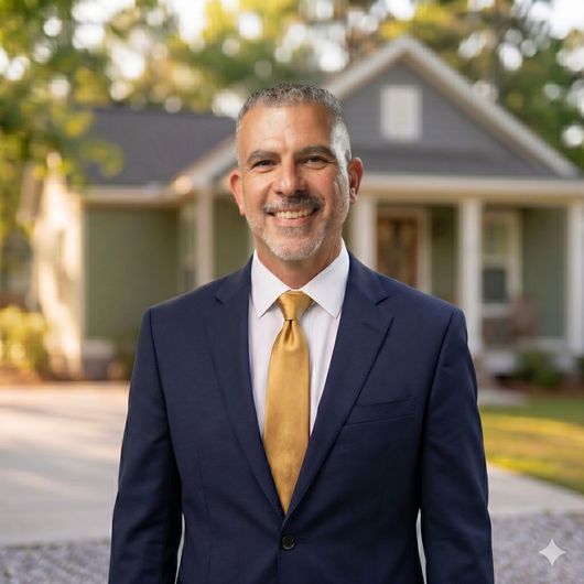 Bernard Oostra in a gray suit standing in front of a house, smiling on a sunny day