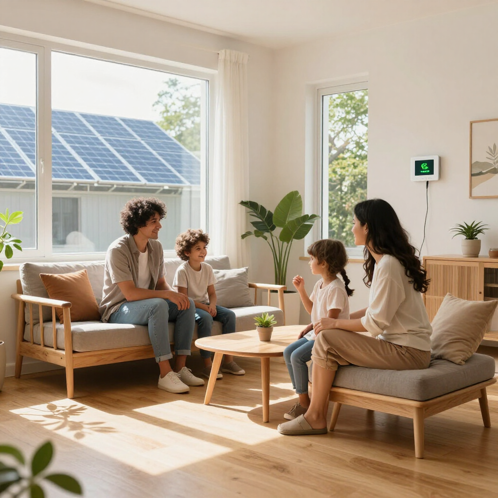 Family sitting in a sunlit living room with solar panels visible through the window