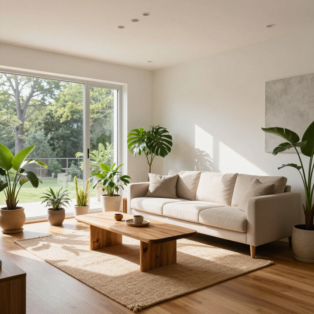 Bright modern living room with beige sofa, wooden coffee table, potted plants, and large sunlit window