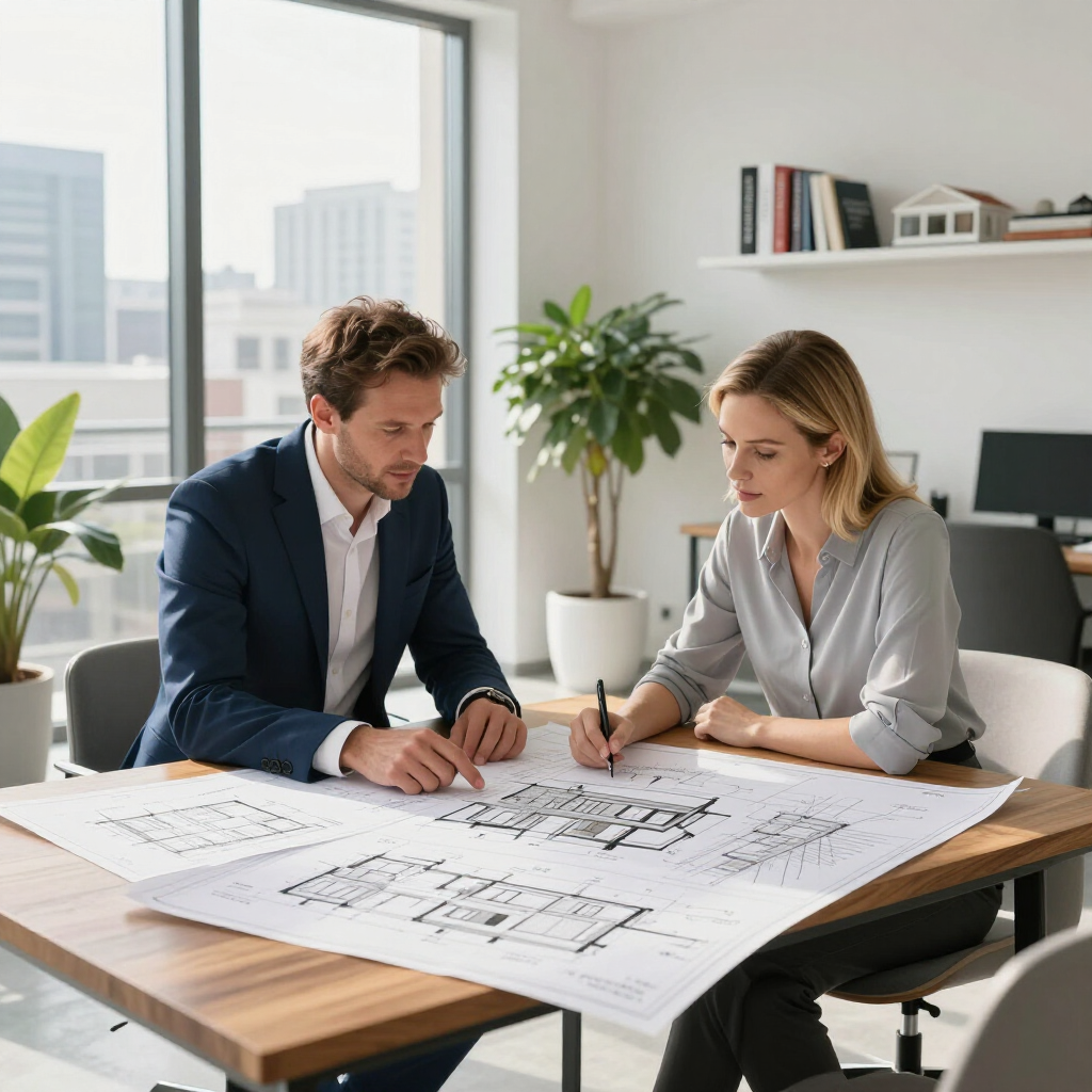 Two coworkers review architectural blueprints at a desk in a bright office.