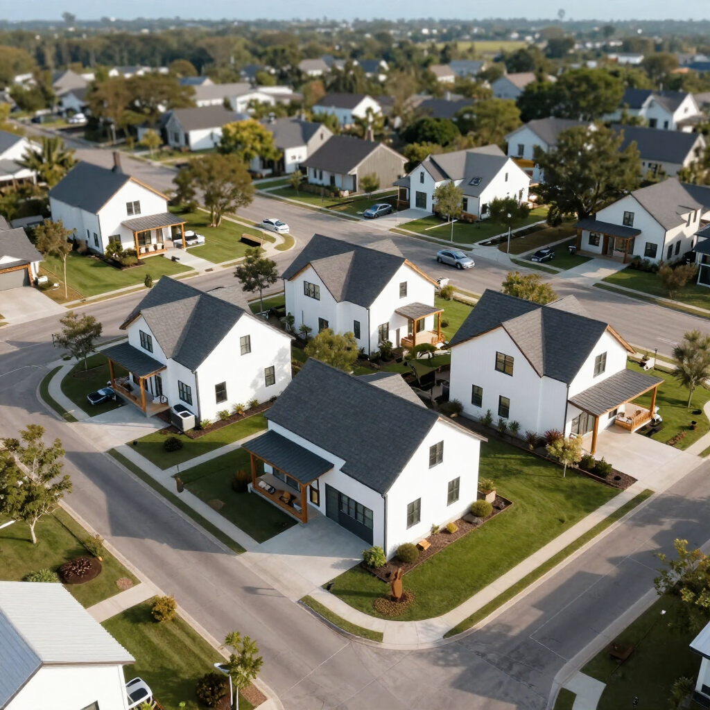 Aerial view of a suburban neighborhood with white houses, green lawns, and intersecting streets.