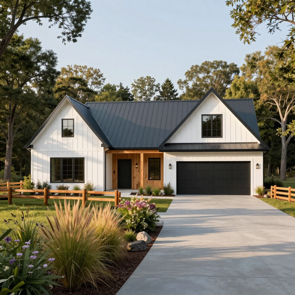 Modern white house with dark roof, black garage door, and landscaped front yard with a concrete driveway.