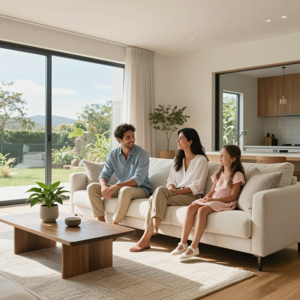 Family seated on a white sofa in a bright modern living room with large windows and a wooden coffee table