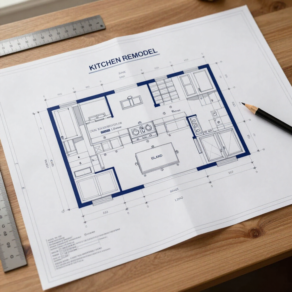 Kitchen remodel floor plan on a desk with ruler and pencil