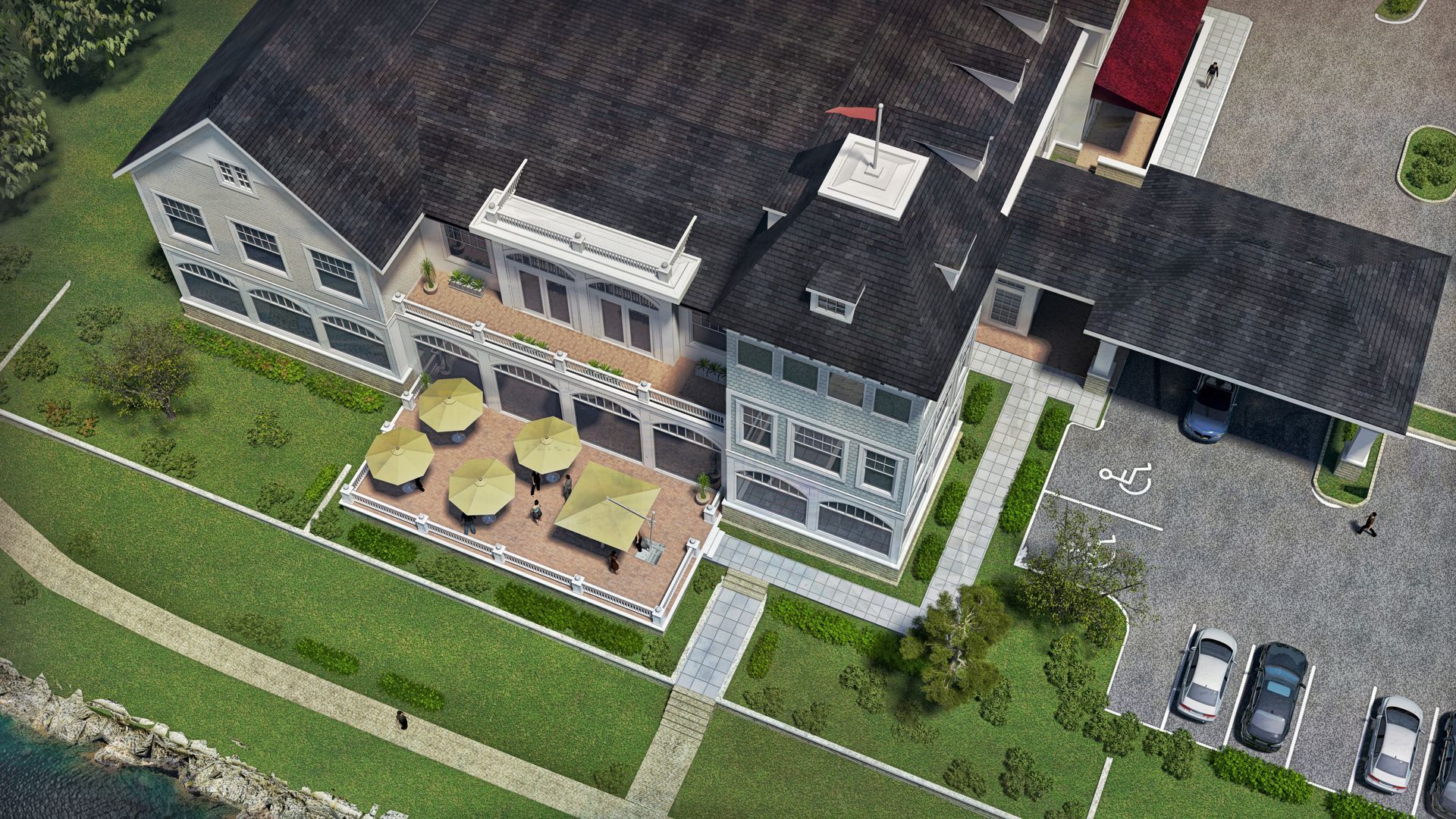 an aerial view of thye restaurant