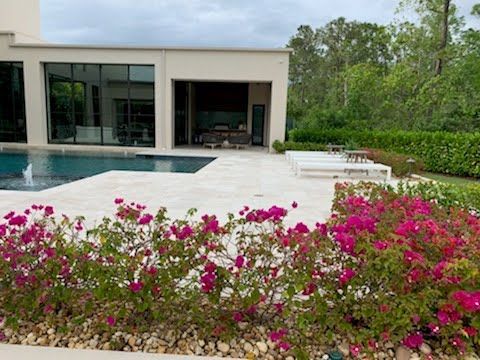 Exterior with pool, patio, and flowering shrubs. Modern house with glass walls.