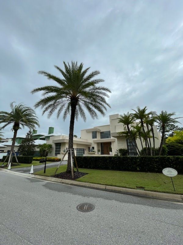A modern, cream-colored house with palm trees in front of a green lawn under a cloudy sky.