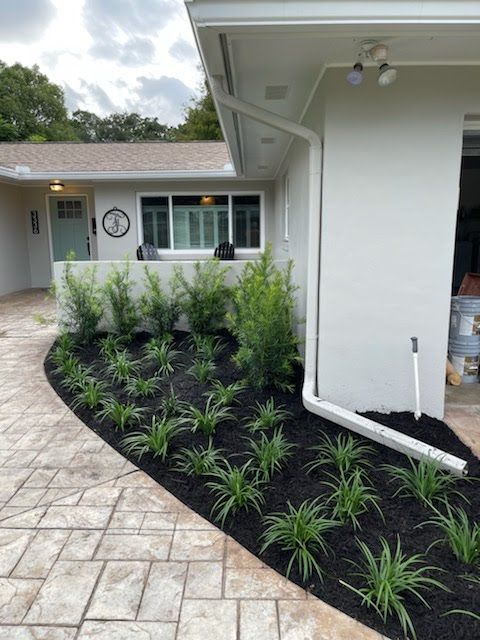 Landscaped front yard with dark mulch and green plants next to a light-colored house.