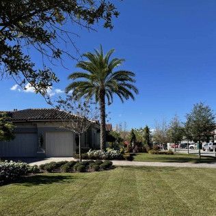 A house with a garage, lawn, and palm tree under a bright blue sky.