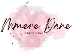 Logo for Mmere Dane Counseling with brown cursive text over a soft, abstract pink and grey watercolor background.