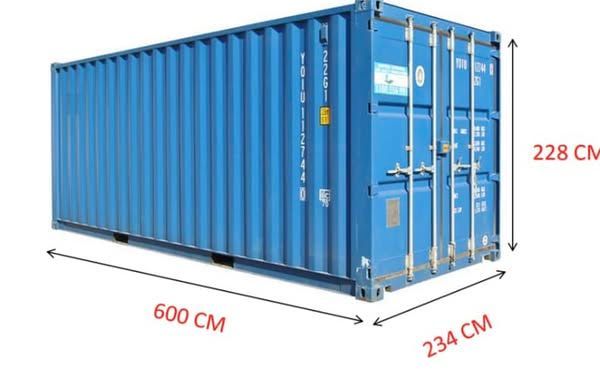 Blue shipping container with dimensions: 600cm x 234cm x 228cm.