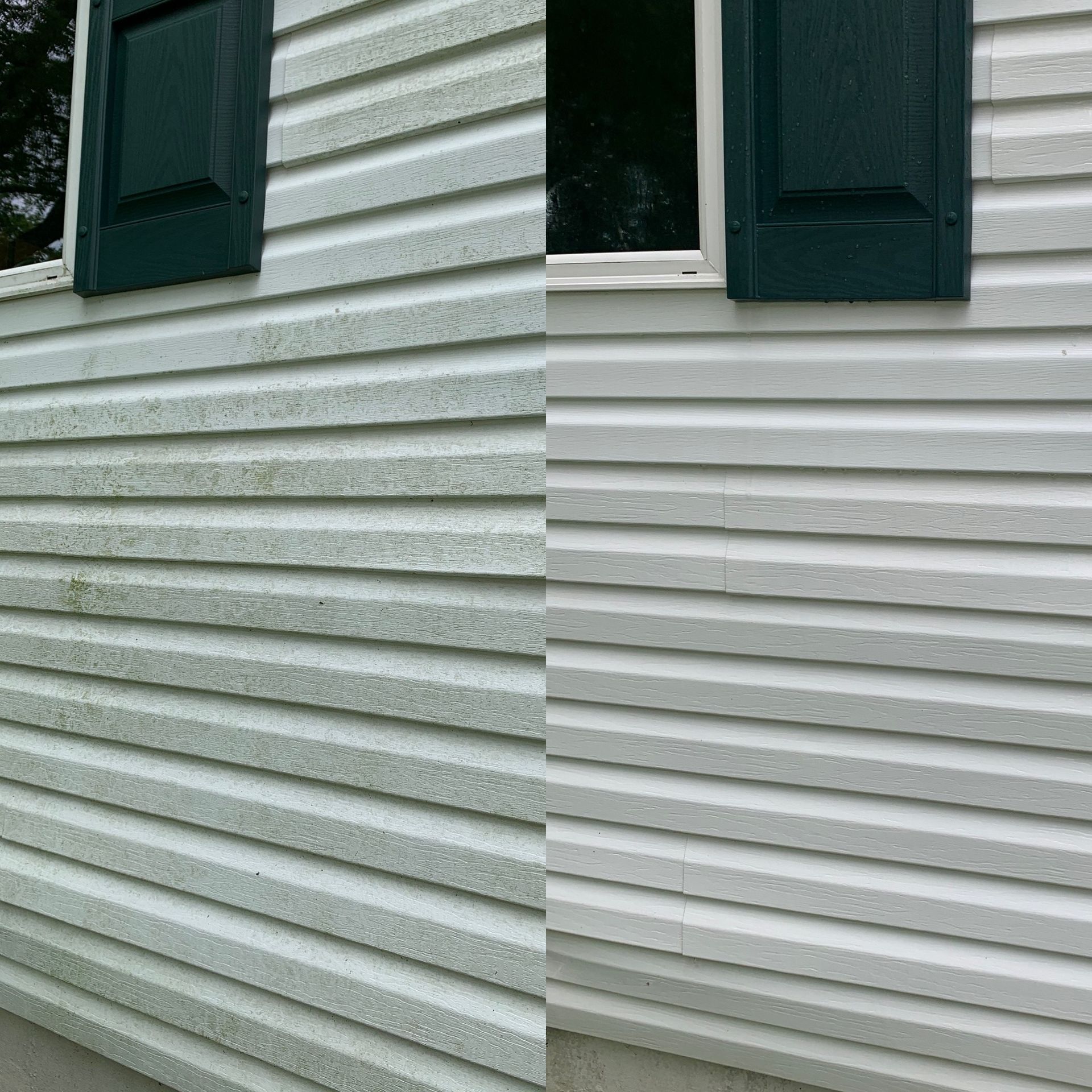 Side-by-side comparison shows before and after cleaning of white vinyl siding; green shutters are above the siding.