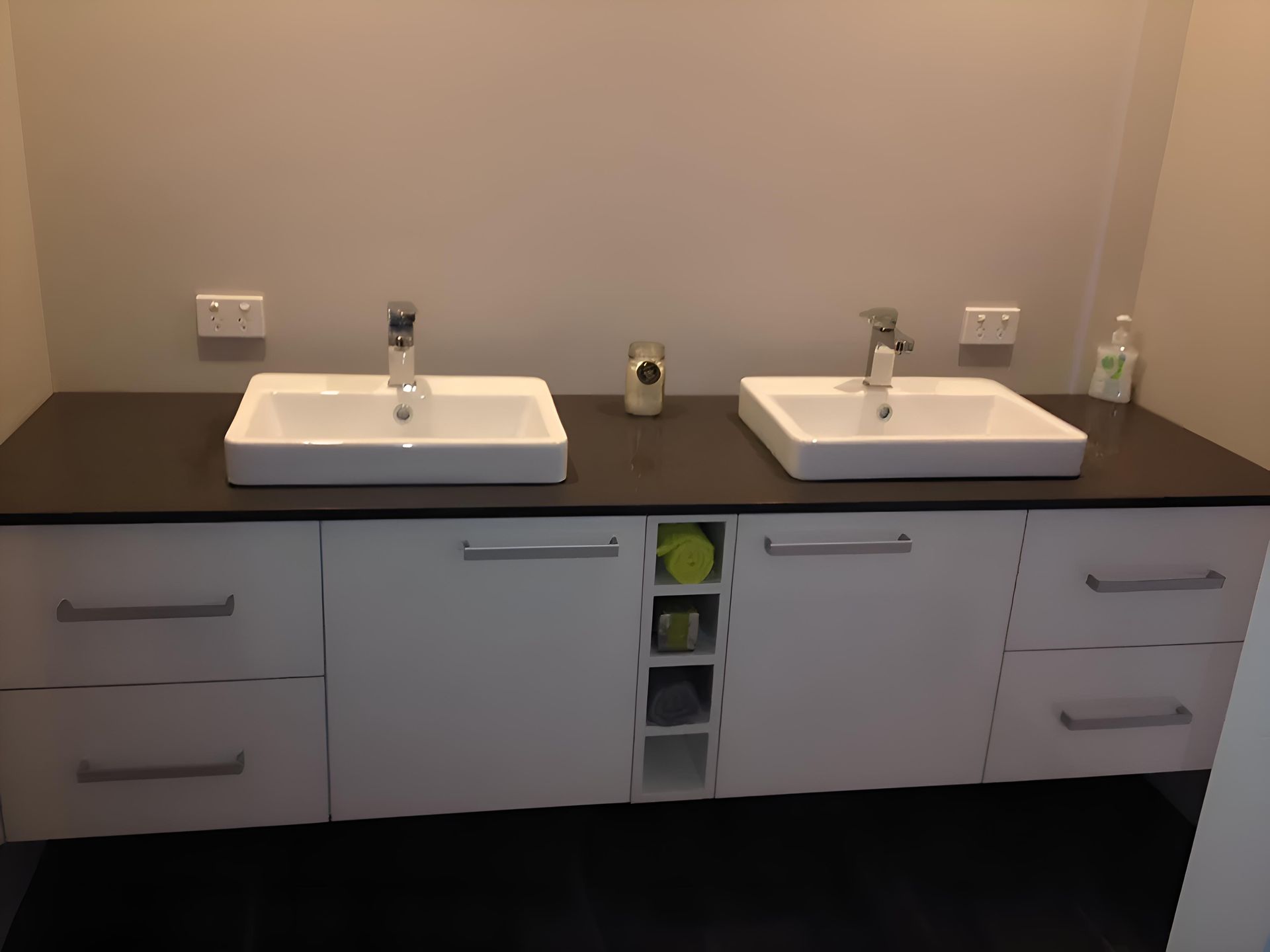 A Bathroom Counter With Two Sinks And Drawers — Hey Presto Kitchens & Renovations in Uralla, NSW